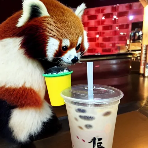 Prompt: Red Panda drinks Bubble Tea