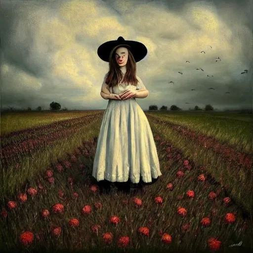 Image similar to a girl standing in a field, wearing black old dress and hat, by andrea kowch, andrea kowch style painting, dark, scene, magicrealism, flowers in background,