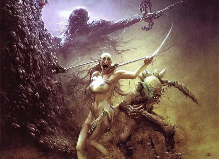 Image similar to bald barbarian girl fighting ethereal goblin princess by Beksinski and Luis Royo