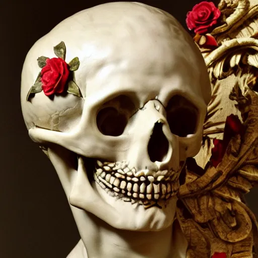 Image similar to a man in the form of a Greek sculpture with a mask in the form of a skull and wreath of flowers skulls in hands dressed in a biomechanical dress, red white and gold color scheme, baroque, by Michelangelo