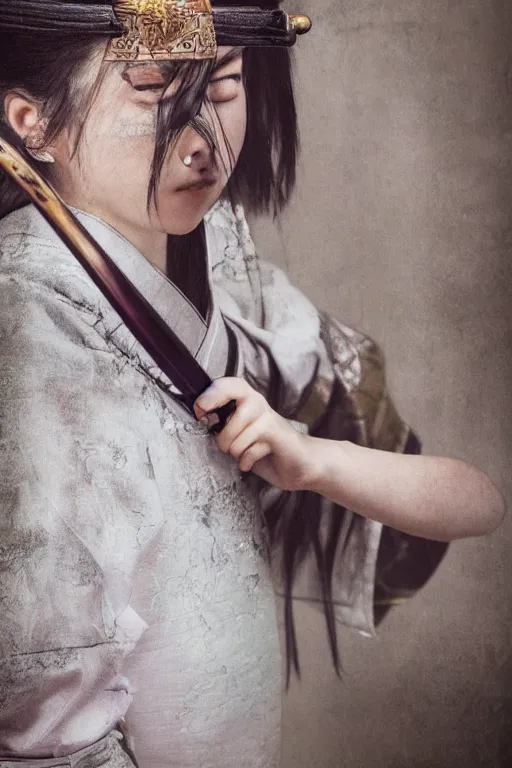 Image similar to highly detailed beautiful photo of a young female samurai, practising sword stances in a temple, symmetrical face, beautiful eyes, realistic anime art style, 8 k, award winning photo, pastels, action photography, 1 / 1 2 5 shutter speed, dramatic lighting