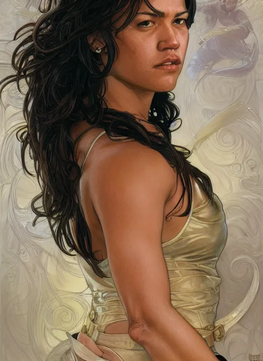 Image similar to Michelle Rodriguez as feisty latino woman, portrait, intricate, elegant, highly detailed, centered, digital painting, artstation, concept art, smooth, sharp focus, illustration, art by artgerm and donato giancola and alphonse mucha