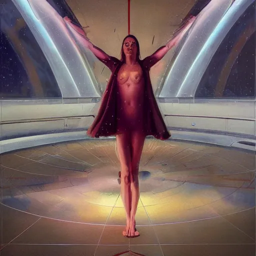 Prompt: vitruvian woman, large hadron collider, dimensional portal, teleportation, wet reflections, prism, atmospheric, ambient, pj crook, syd mead, livia prima, artgerm, greg rutkowski, nick alm, casey baugh