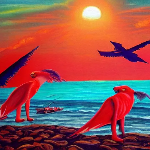 Image similar to sunrise in paradisiacal bay next to winged red panthers, art, concept art, painting