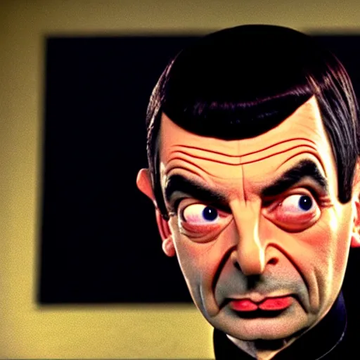 Image similar to mr. bean as mr. spock from star treck. movie still. cinematic lighting.