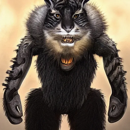 Image similar to a humanoid with cat-like features, yellow eyes, teeth that protrude past the lower lip (sort of like a saber-tooth tiger) and fine grayish fur on their faces and backs of their hands wearing futuristic alien armor and carrying weapons, octane,