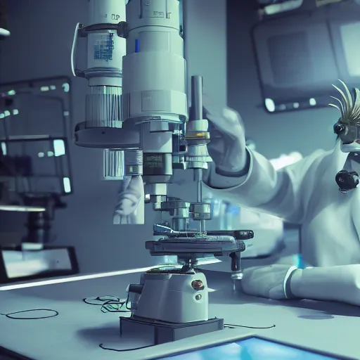 Image similar to rooster wearing a lab coat and looking through a microscope in a futuristic laboratory, unreal engine, blender render, octane render, video game fully rendered scene, highly detailed, high resolution, beautiful lighting, atmospheric