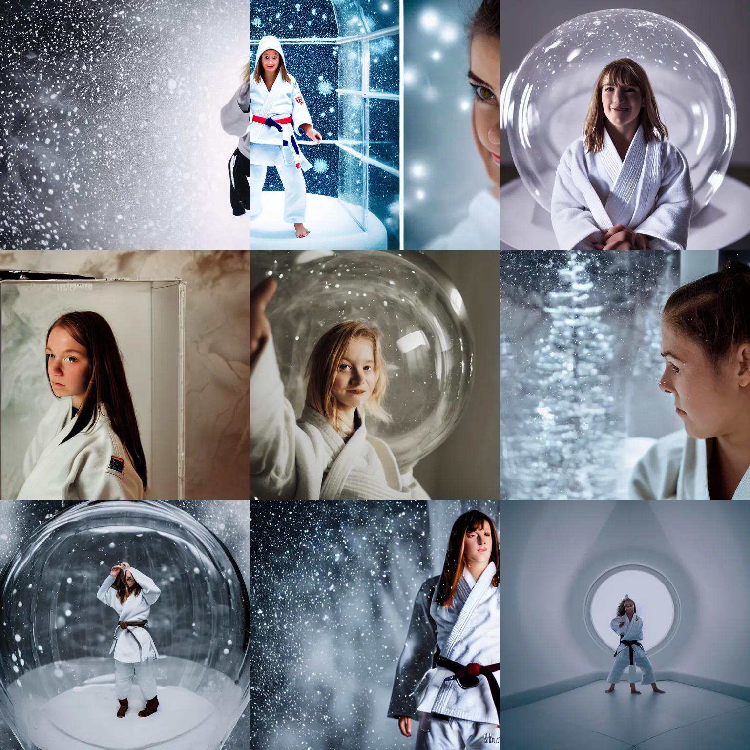 Image similar to Young white judo woman wearing a white gi, standing inside a giant snowglobe on a shelf, macro photography