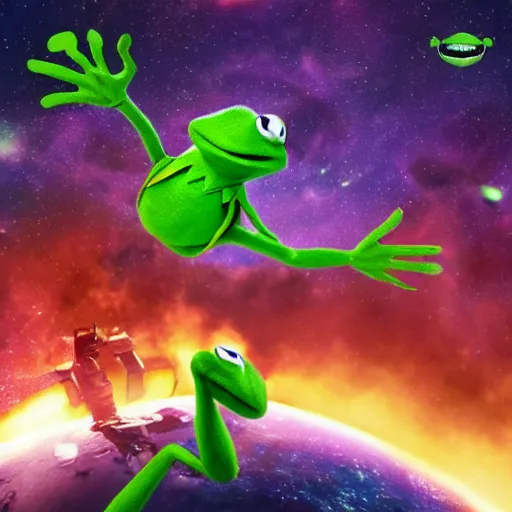 Image similar to the avengers battle kermit the frog in space, galaxy, hd, explosions, gunfire, lasers, spatula, giant, epic, showdown, colorful, realistic photo, unreal engine, stars, prophecy, epic oil painting, powerful, diffused lighting, destroyed planet, debris, justice league