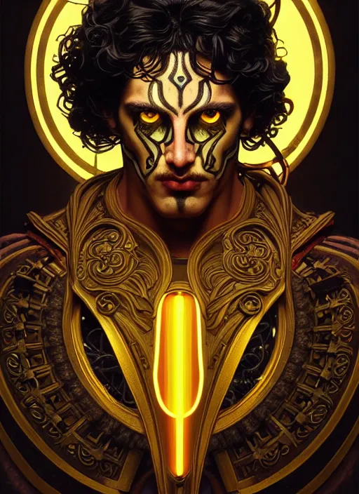 Image similar to portrait of greek god ares, black curly hair, glowing eyes, volumetric lights, yellow red scheme, art nouveau botanicals, gothic, intricate, highly detailed, digital painting, artstation, concept art, smooth, sharp focus, symmetric face, illustration, steampunk, art by artgerm and greg rutkowski and alphonse mucha