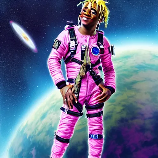 Image similar to Full body portrait of Lil Uzi Vert wearing a pink spacesuit, art by Yoshitaka Amano, matte painting, trending on artstation, space clouds art