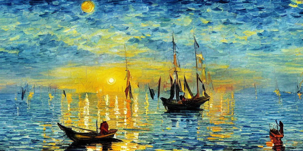 Prompt: rising sun ( ( ( fishing cormorant, fishing boat ) ) ) on the naples bay, by leonid afremov and van gogh and moebius, sharp details