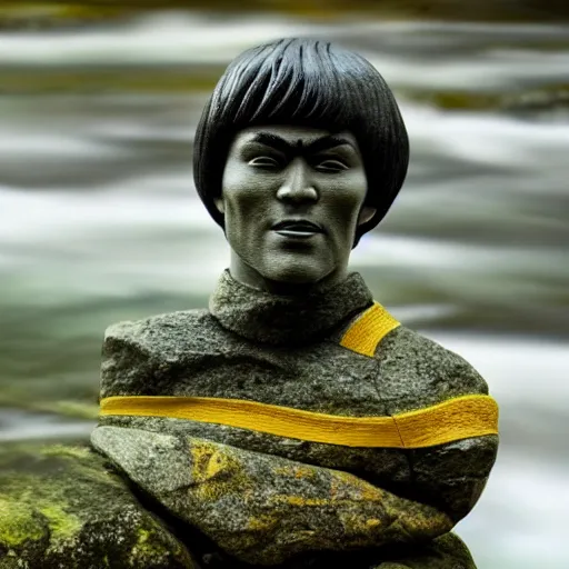 Image similar to A rock sculpture of Bruce Lee hidden in the middle of a mountain stream