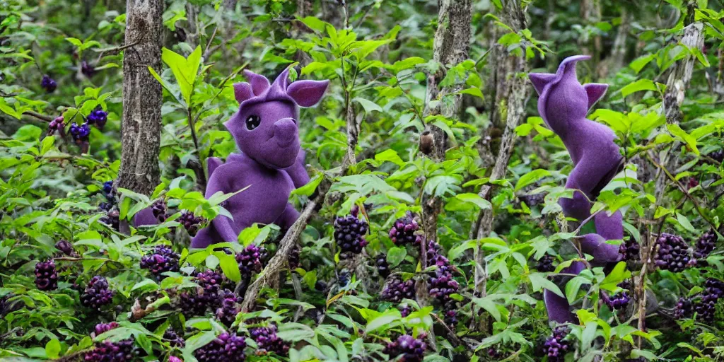 Prompt: Forest creatures with elf ears and silver eyes eat large purple berries in a clearing of strange plants