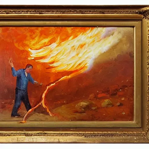 Image similar to a man controlling fire, oil painting