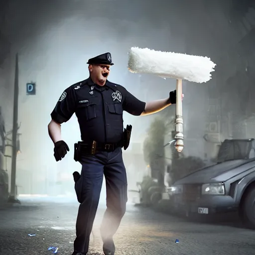 Image similar to a police officer throwing toilet paper and plunger for a baton, ultra realistic, concept art, intricate details, highly detailed, photorealistic, octane render, 8 k, unreal engine, art by frank frazetta, simon bisley, brom