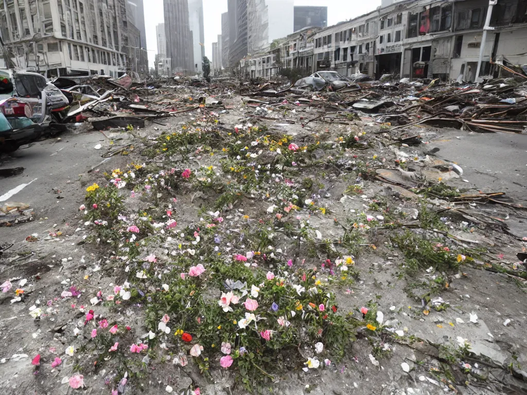 Prompt: flowers spring emerge from debris, city destruction