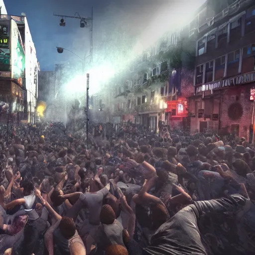 Prompt: moshpit in the city streets, realistic, huge moshpit, realism, hdd, hdr, rtx on, dynamic lighting, chaos in the moshpit,