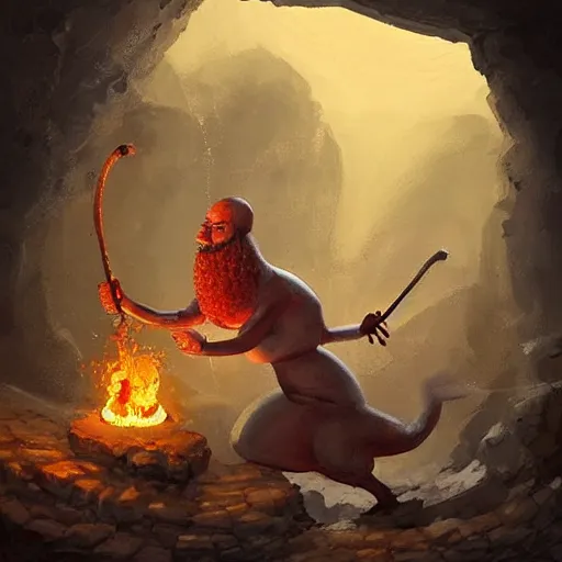 Prompt: “ a very strong and fat semi - human female with long arms and short legs, round head, big orange beard, medieval, preparing some food in a cave, fantasy digital art by tony sart, featured on artstation ”