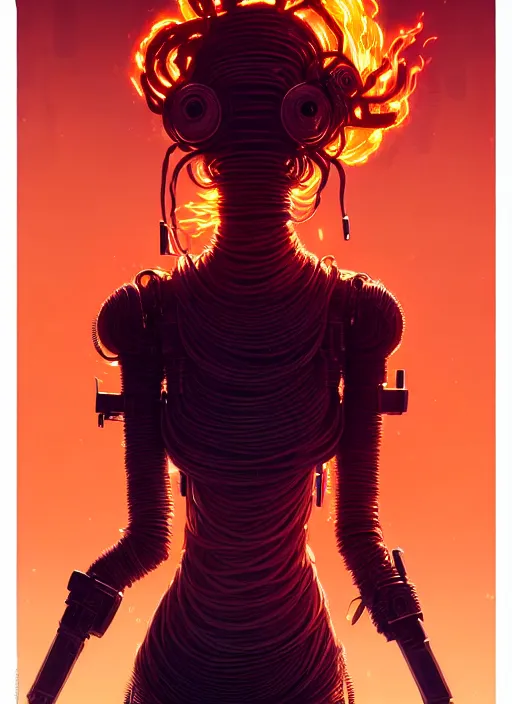 Image similar to highly detailed portrait of an android long curly fire hair tribal lady, stray wiring by atey ghailan, james gilleard, by joe fenton, by greg rutkowski, by greg tocchini, by kaethe butcher, 4 k resolution, gradient red, orange, black and white color scheme!!! ( ( burning flaming robotic dystopian city background ) )