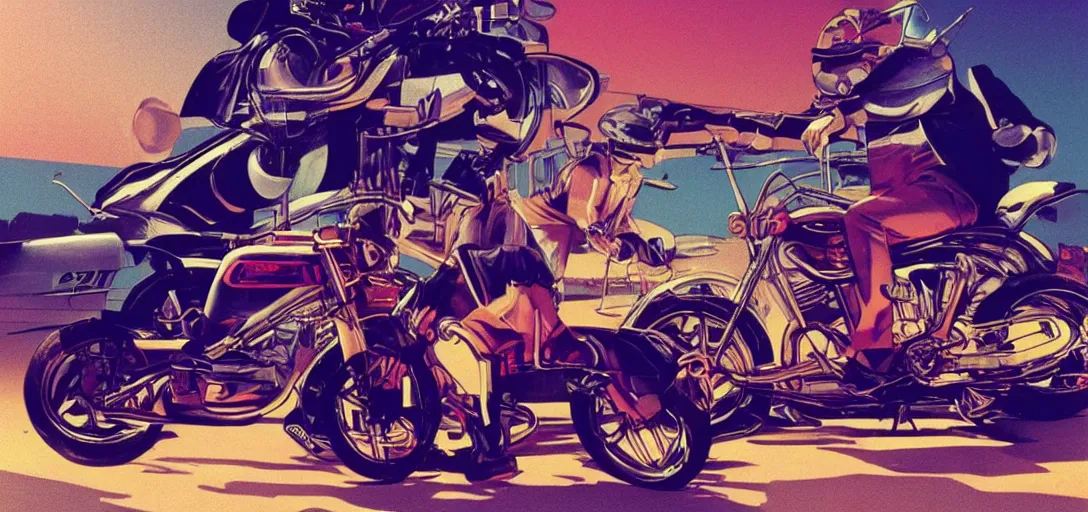 Prompt: a bosozoku motorcycle, golden hour, cassette futurism, style of syd mead