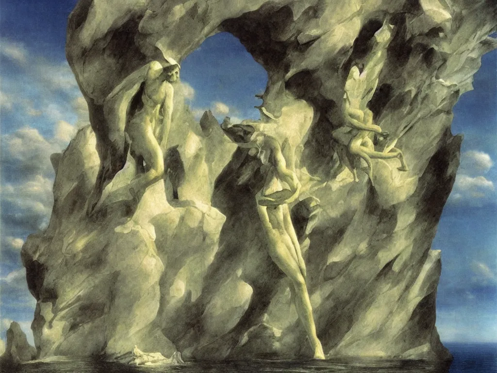 Prompt: The marble, phosphorescent gods the walk on the great ocean. Sculpted by Henri Moore. Painting by Remedios Varo, Arnold Bocklin, Roger Dean