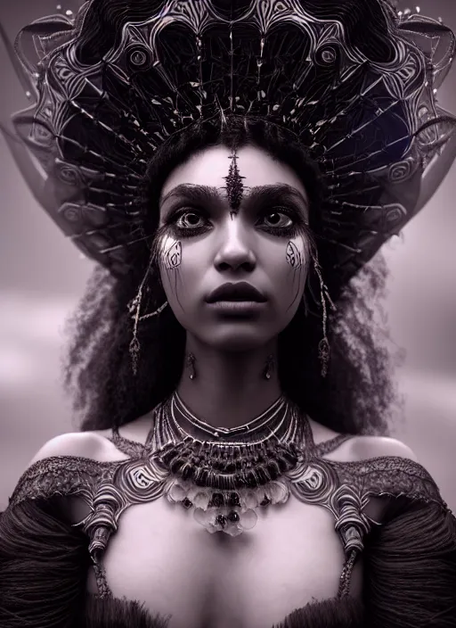Prompt: a nubile young woman with reflections in her eyes and dark curly hair, wearing a intricate dark shaman costume, clear skin, elegant, graceful, fashionable, swirling dark energy in background, cinematic, hyperdetailed illustration by irakli nadar and alexandre ferra, intricate linework, depth of field, global illumination,