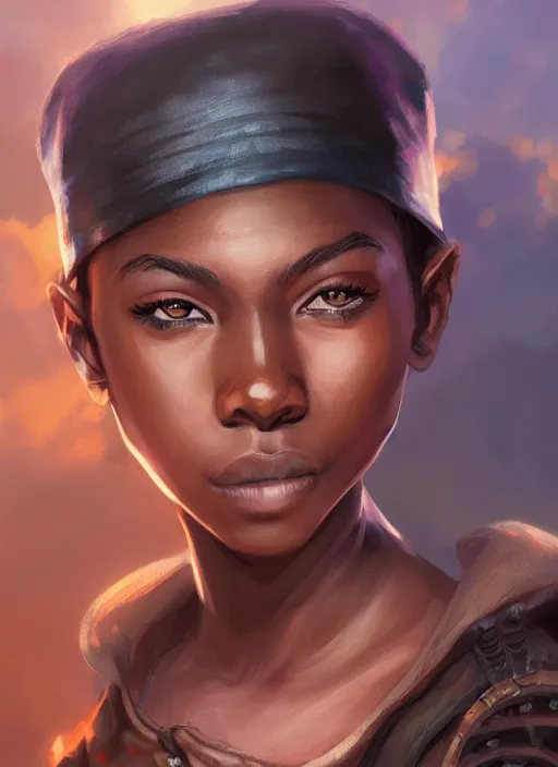 Prompt: An epic fantasy comic book style portrait painting of a young dark skinned girl with short hair dressed as a boy in a cap in the style of the wheel of time, unreal 5, DAZ, hyperrealistic, octane render, cosplay, RPG portrait, dynamic lighting