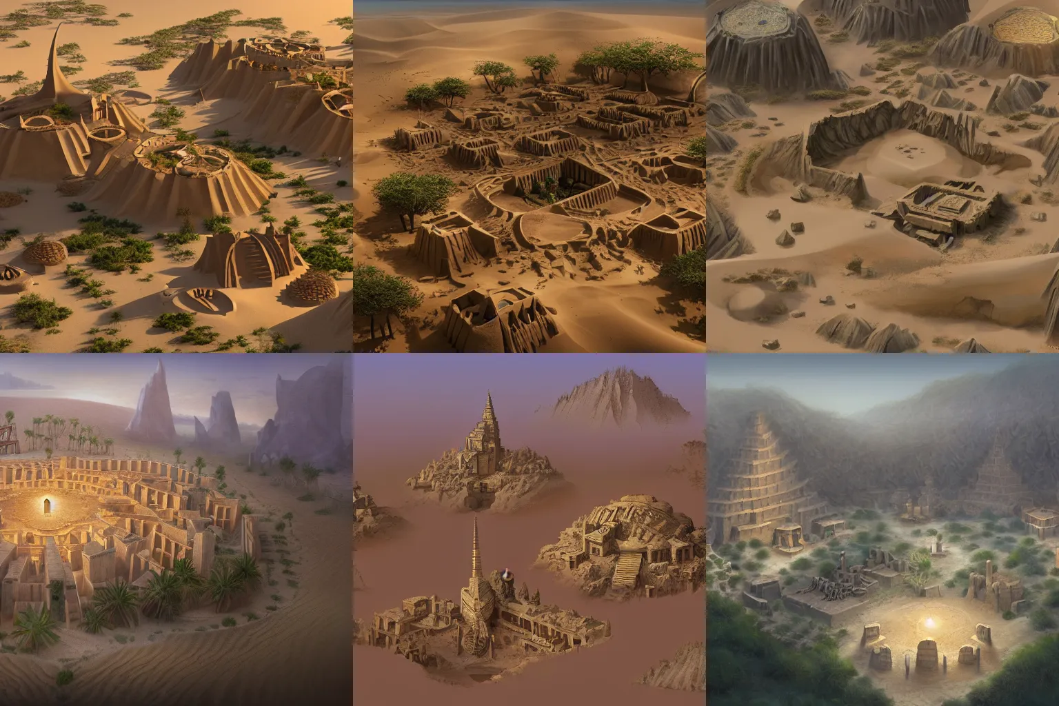 Prompt: The spiritual village of a lost civilization built near the water of a lone oasis in the center of a seemingly infinite sand desert full of tall sand dunes, concept art, game art, trending on art station, digital 2d, matte painting