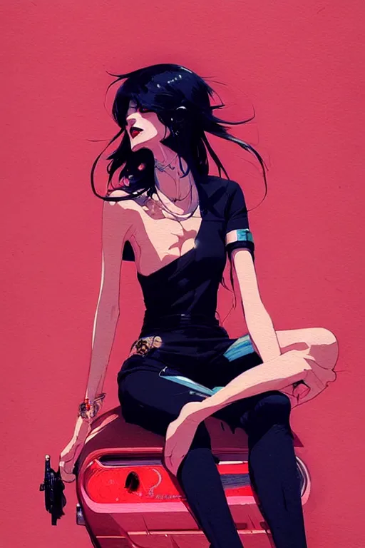 Image similar to a ultradetailed beautiful portrait panting of a stylish woman sitting on a car, by conrad roset, greg rutkowski and makoto shinkai, trending on artstation