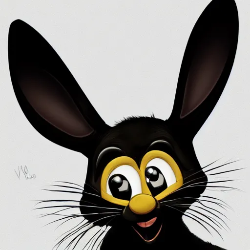 Image similar to A extremely highly detailed majestic hi-res beautiful, highly detailed head and shoulders portrait of a scary terrifying, horrifying, creepy black cartoon rabbit with scary big eyes, earing a shirt laughing, hey buddy, let's be friends, in the art style of Walt Disney