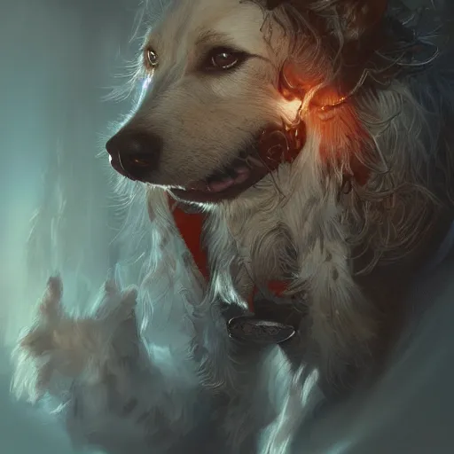 Prompt: Portrait of a dog as a sorcerer, magic, fantasy, D&D, intricate, cinematic lighting, highly detailed, digital painting, artstation, concept art, smooth, sharp focus, illustration, art by Artgerm and Greg Rutkowski