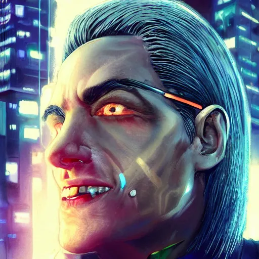 Image similar to cyberpunk, closeup portrait of a cyberpunk entertainer, hologram, blond hair, grey eyes, sadistic smile, delicate jaw, dramatic light, city background, sunset, dystopian setting, high contrast, sharp, neuromancer, peter riviera, painted by stanley lau, painted by greg rutkowski, painted by stanley artgerm, digital art, trending on artstation