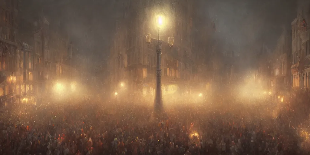 Image similar to a heavy swirling fogduring a parade, soft lighting, night, stephen bliss, misty, unreal engine, digital art, 8 k, oil painting, fantasy art, illustration, detailed and intricate environment