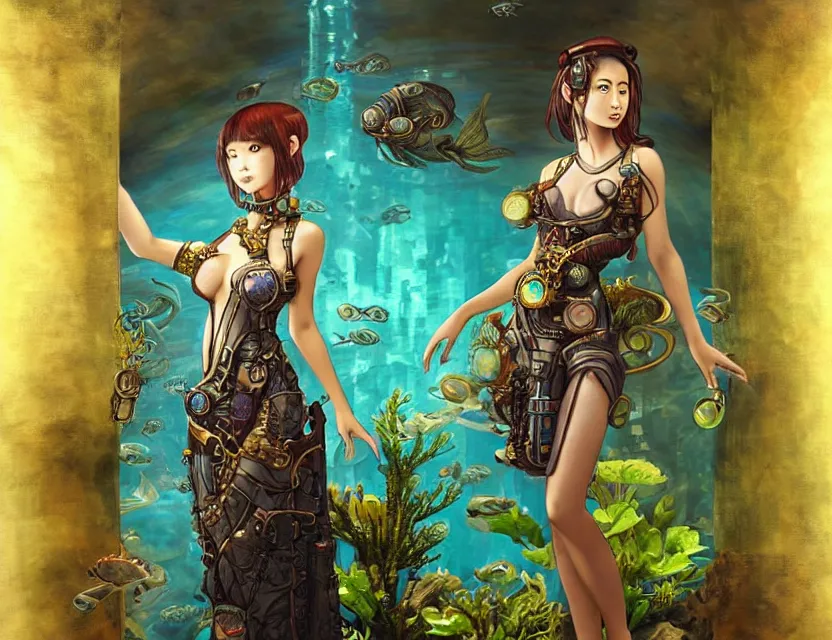 Prompt: southeast asian scifi alchemist in an aquascaped freshwater aquarium, wearing a lovely dress with steampunk details. this oil painting by the award - winning mangaka has an interesting color scheme and impeccable lighting.