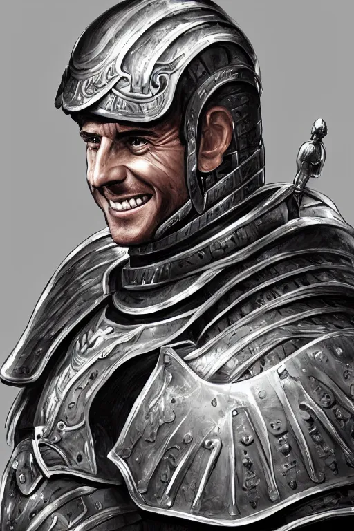 Prompt: emmanuel macron smiling while wearing armour, highly detailed, digital art, sharp focus, trending on art station