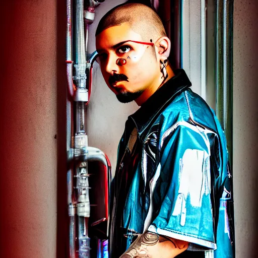 Image similar to a cyberpunk cholo wearing futuristic urban clothing full shot photographic portrait