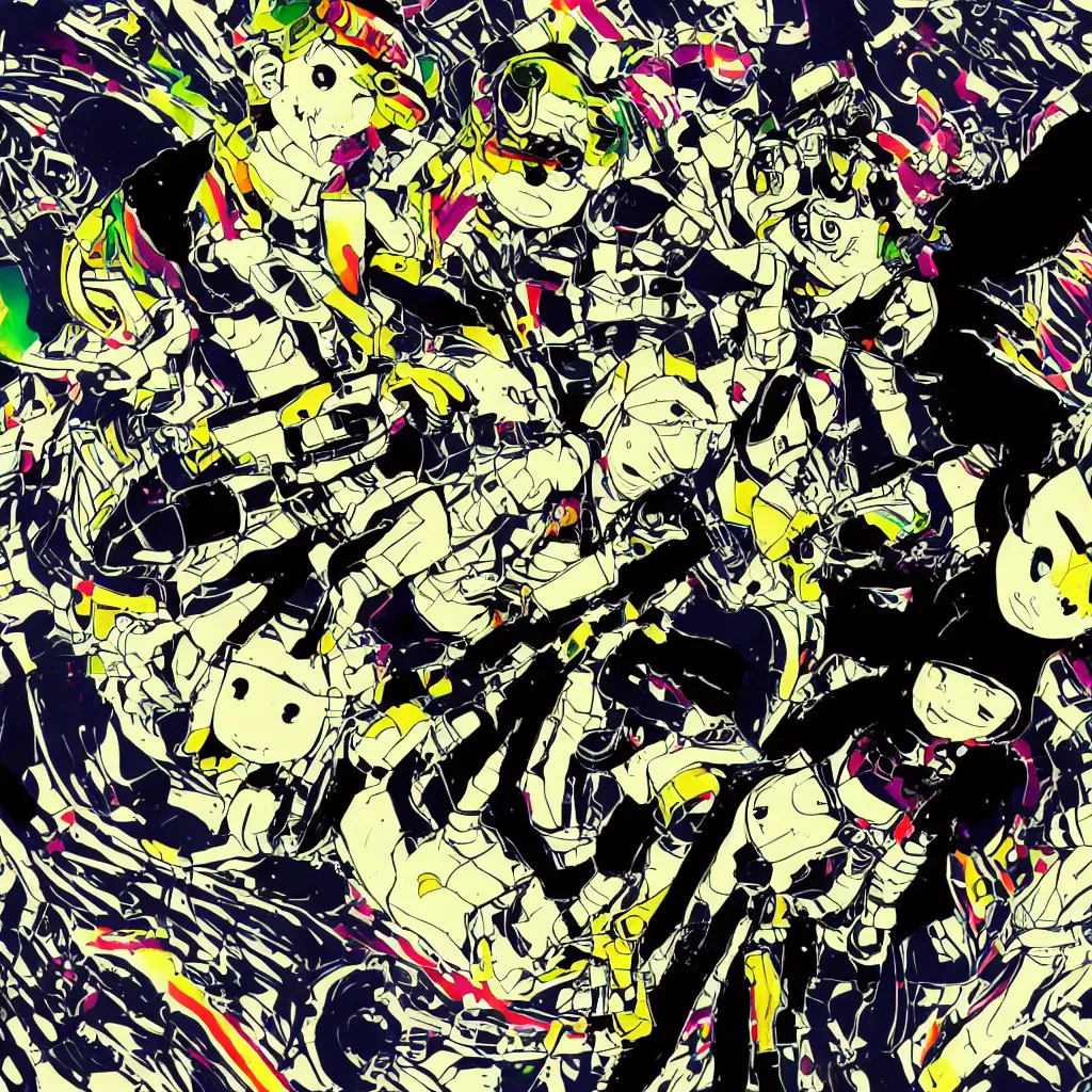 Image similar to nekojiru, ryuta ueda artwork, jet set radio artwork, stripes, gloom, space, cel - shaded art style, broken rainbow, data, minimal, hashiguchi chiyomi artwork, code, cybernetic, dark, eerie, cyber