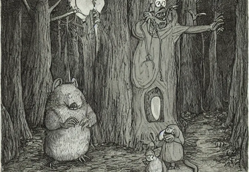 Prompt: big possum dressed like a monk at a scary medieval cemetery in the middle of the forest at night, highly detailed, digital art, by Maurice Sendak