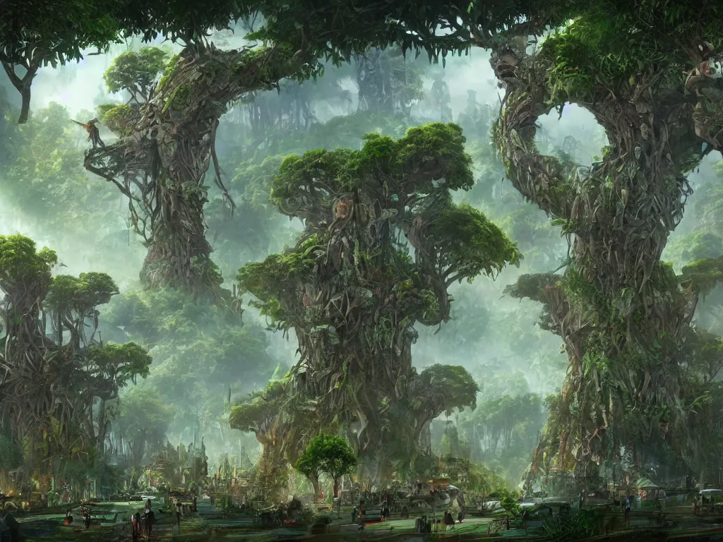 Image similar to giant tree creatures building a city with mystical animals in the middle of the jungle ,style by dylan cole, digital art, matte painting, artstation, concept art