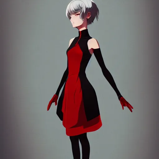 Image similar to elegent girl with gray hair and green eyes, wearing a red and black color dress, in the style of and ilya kuvshinov and greg rutkowski, high quality anime artstyle, intricate