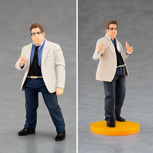 Image similar to Jonah Hill as a Figma anime figurine. Posable PVC action figurine.