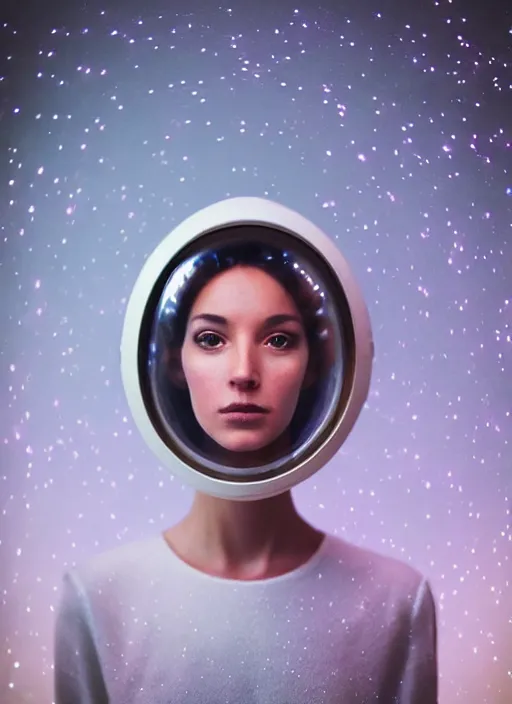 Prompt: photograph portrait of a very pretty!!! woman! symmetric face, petzval lens. out of focus, look at the camera. in an very detailed interstellar inspired astronaut costume. futuristic helmet, led lights reflections. space. by alesio albi and george lucas and stanley kubrick