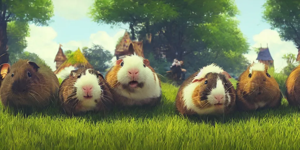 Prompt: a group of smiling and happy guinea pig that are in the grass in front of fairy village, concept art by senior environment artist, cgsociety, furry art, greg rutkowski, artstation hq, playstation 5 screenshot