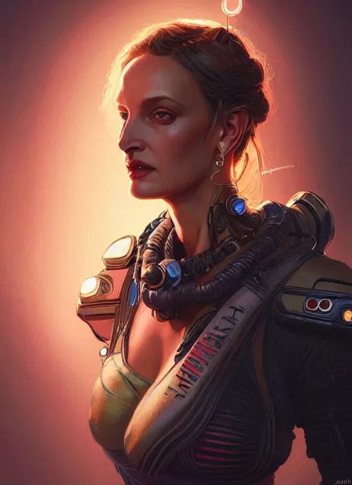 Image similar to portrait of apex legends uma thurman, intricate, elegant, glowing lights, highly detailed, digital painting, artstation, glamor pose, concept art, smooth, sharp focus, illustration, art by artgerm and greg rutkowski, artey freytag