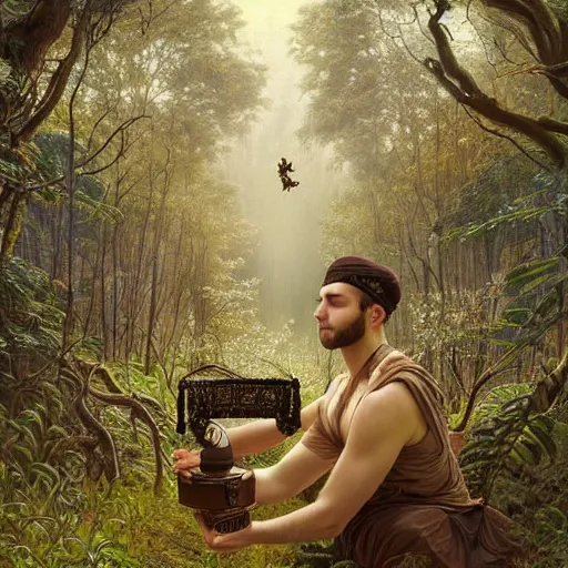 Image similar to intricate detailed portrait painting of a young man putting on tefillin in a beautiful forest meadow, temple ruins surrounded by lush forest, afternoon, intricate, elegant, highly detailed, digital painting, sharp, focus, illustration art by artgerm and greg rutkowski and alphonse mucha