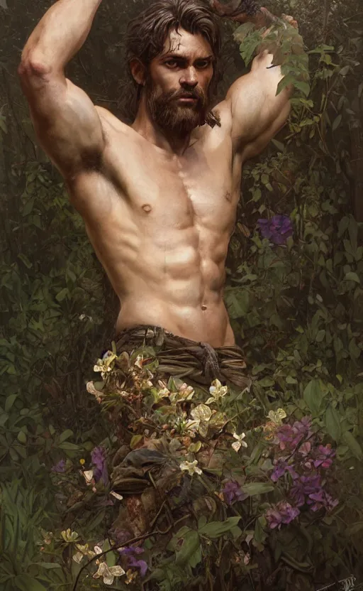 Image similar to god of the forest, rugged, handsome, male, detailed face, clean lines, atmospheric lighting, amazing, full body, thighs, flowers, muscular, intricate, highly detailed, digital painting, deviantart, concept art, sharp focus, illustration, art by greg rutkowski and alphonse mucha