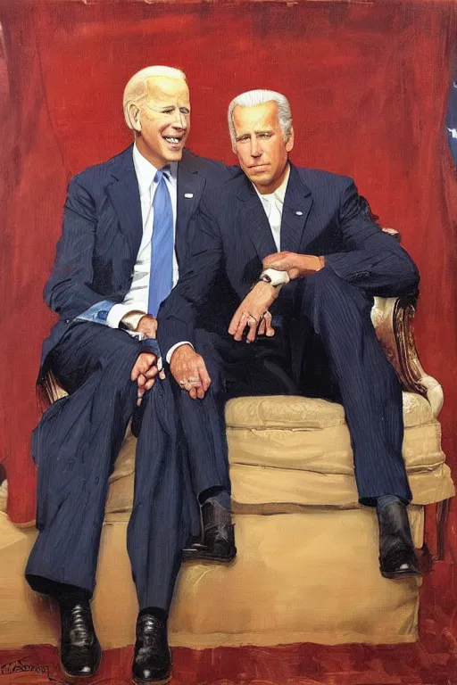 Prompt: joe biden and jeffrey epstein, painting by jc leyendecker!! phil hale!, angular, brush strokes, painterly, vintage, crisp