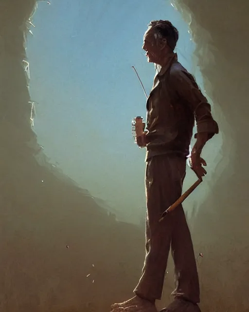 Image similar to a highly detailed epic cinematic concept art CG render digital painting artwork costume design: Henry Fonda as a 1950s tired poet, barefoot, smoking a cigarette. volumetric lighting. By Greg Rutkowski, in the style of Francis Bacon and Syd Mead and Norman Rockwell and Beksinski, open ceiling, highly detailed, painted by Francis Bacon and Edward Hopper, painted by James Gilleard, surrealism, airbrush, Ilya Kuvshinov, WLOP, Stanley Artgerm, very coherent, triadic color scheme, realistic facial expression, art by Takato Yamamoto and James Jean