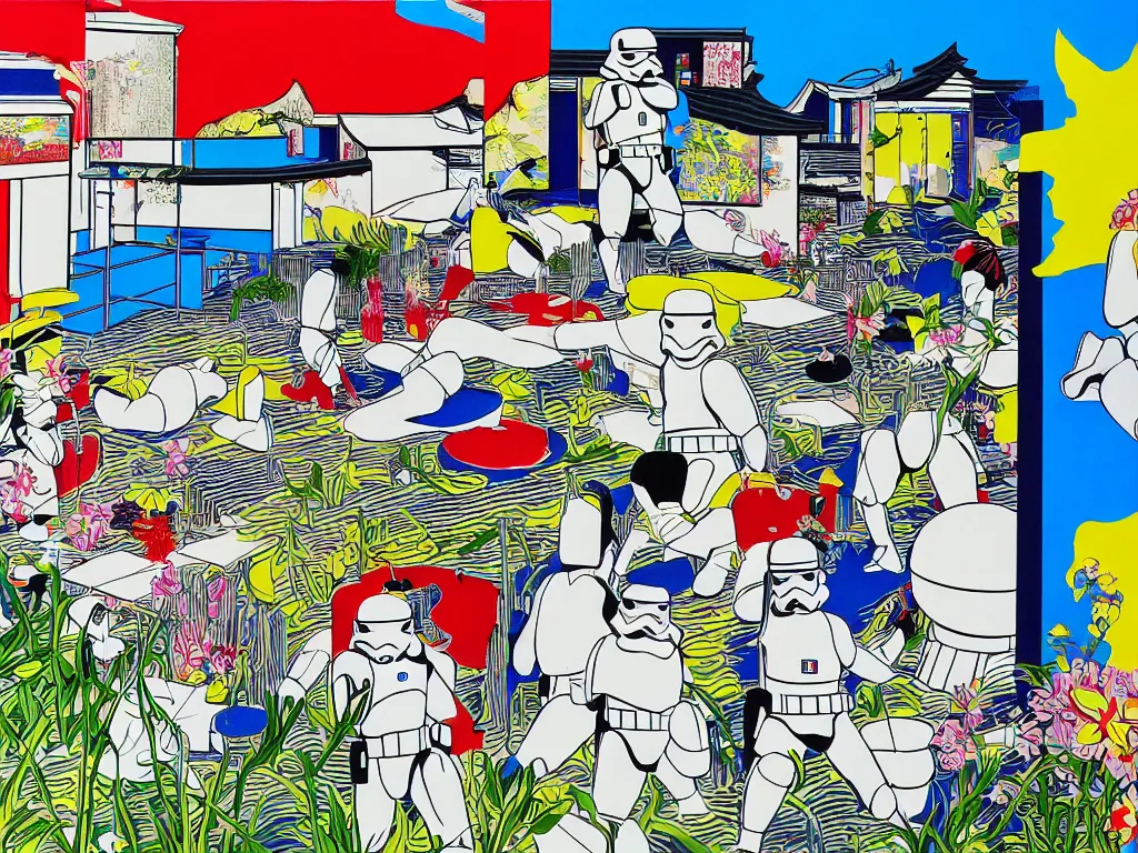 Image similar to hyperrealism composition of the japanese house with a hot springs in the garden, detailed stormtrooper in hot springs, pop - art style, jacky tsai style, andy warhol style, roy lichtenstein style, acrylic on canvas